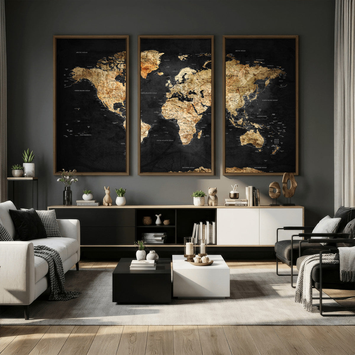 World Map Canvas Wall Art with Famous Landmarks – Framed