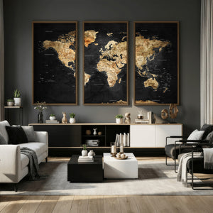 World Map Canvas Wall Art with Famous Landmarks – Framed