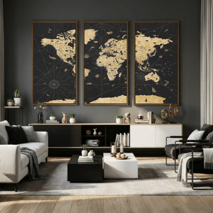 Vintage Blue and Brown World Map Canvas Wall Art – Framed