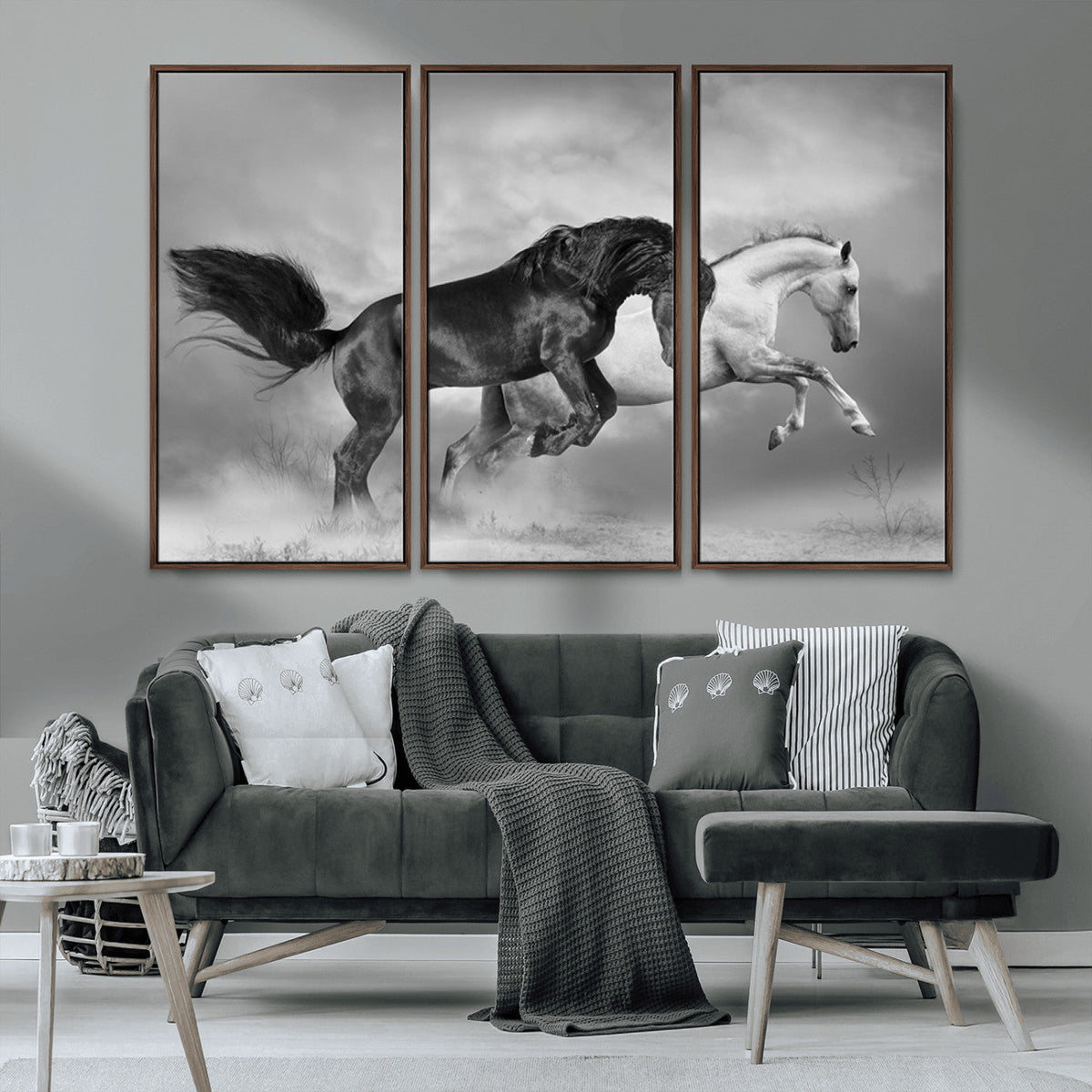 Wild Horses Wall Art Canvas Print – Framed Black and White