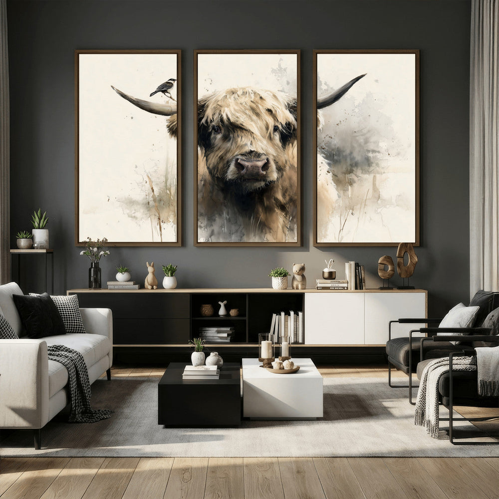 Abstract Highland Cow Wall Art Canvas Print, Rustic Farm