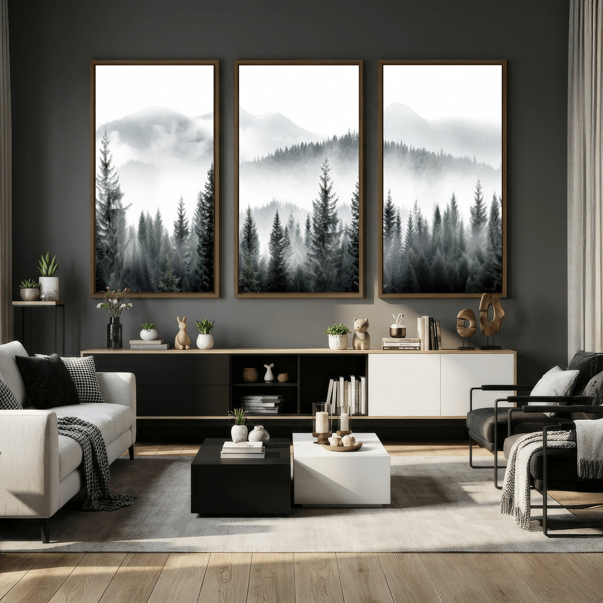 Misty Pine Forest Mountain Landscape Wall Art Canvas Print
