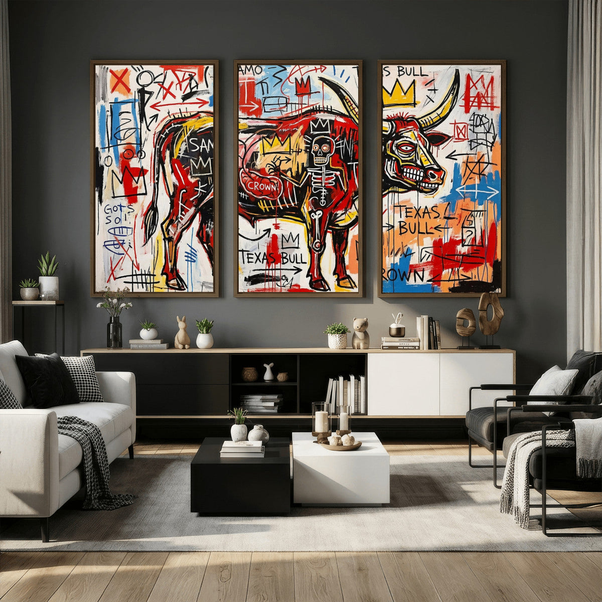 Texas Bull Wall Art Canvas Print, Abstract Graffiti Bull