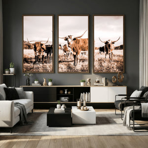 Texas Longhorn Cattle Wall Art Canvas Print, Sepia Western