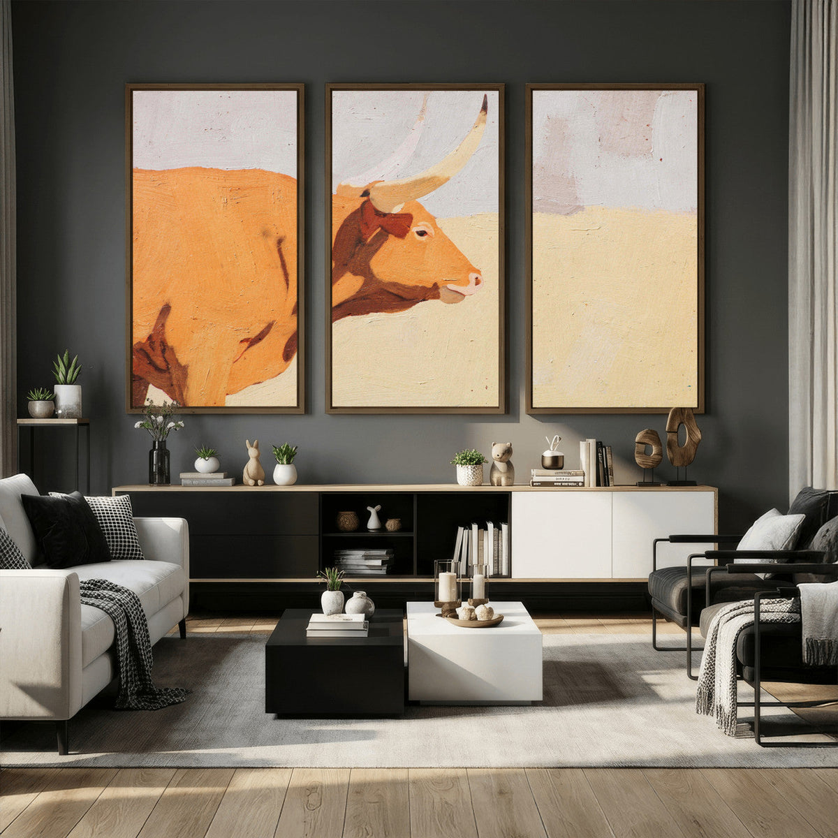 Minimal Longhorn Bull Wall Art Canvas Print, Neutral Western
