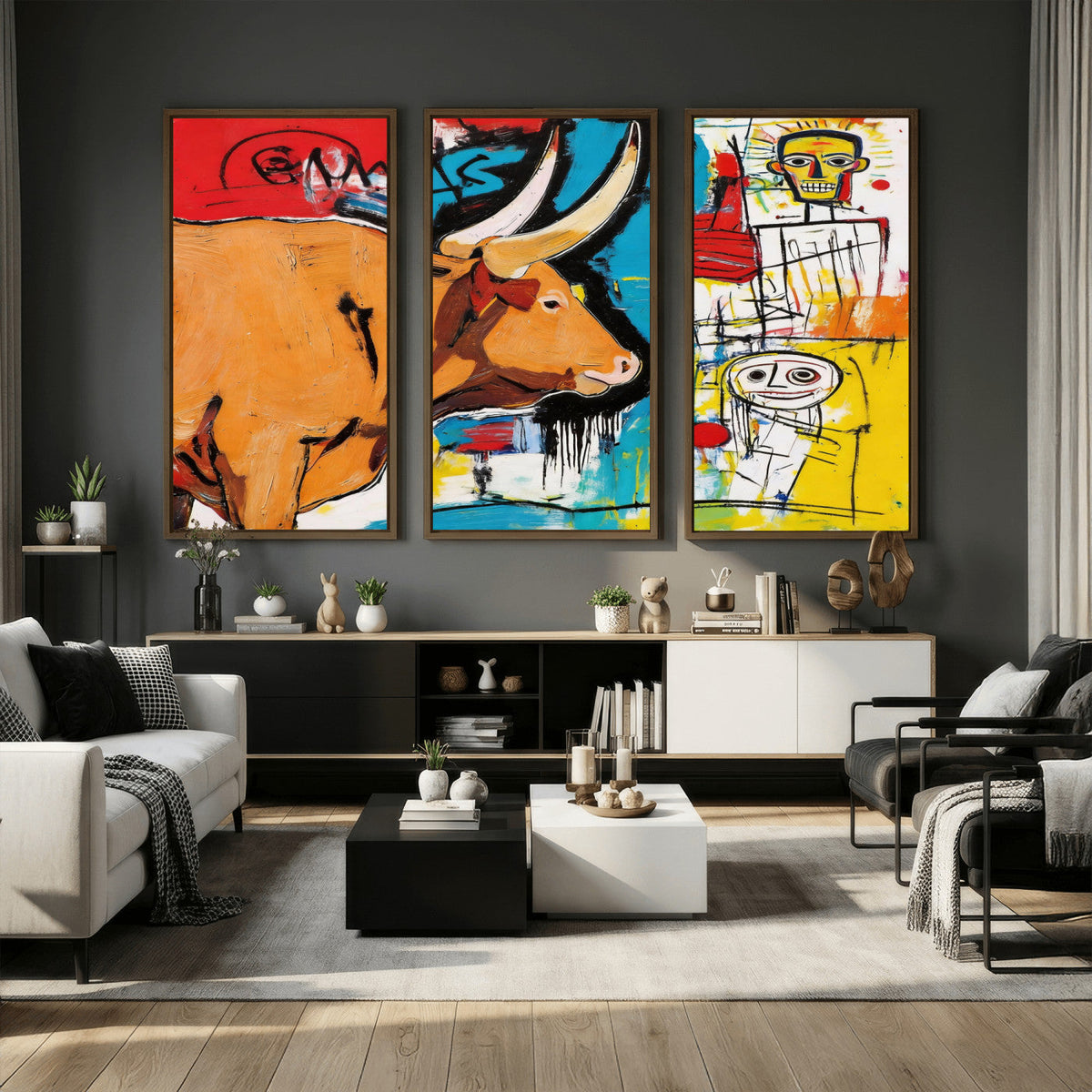 Basquiat Style Bull Graffiti Wall Art Canvas Print, Street