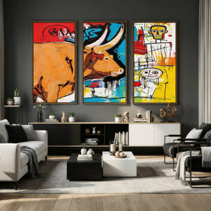 Basquiat Style Bull Graffiti Wall Art Canvas Print, Street