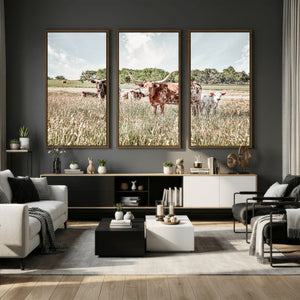 Texas Longhorn Cattle Wall Art Canvas Print, Rustic Ranch