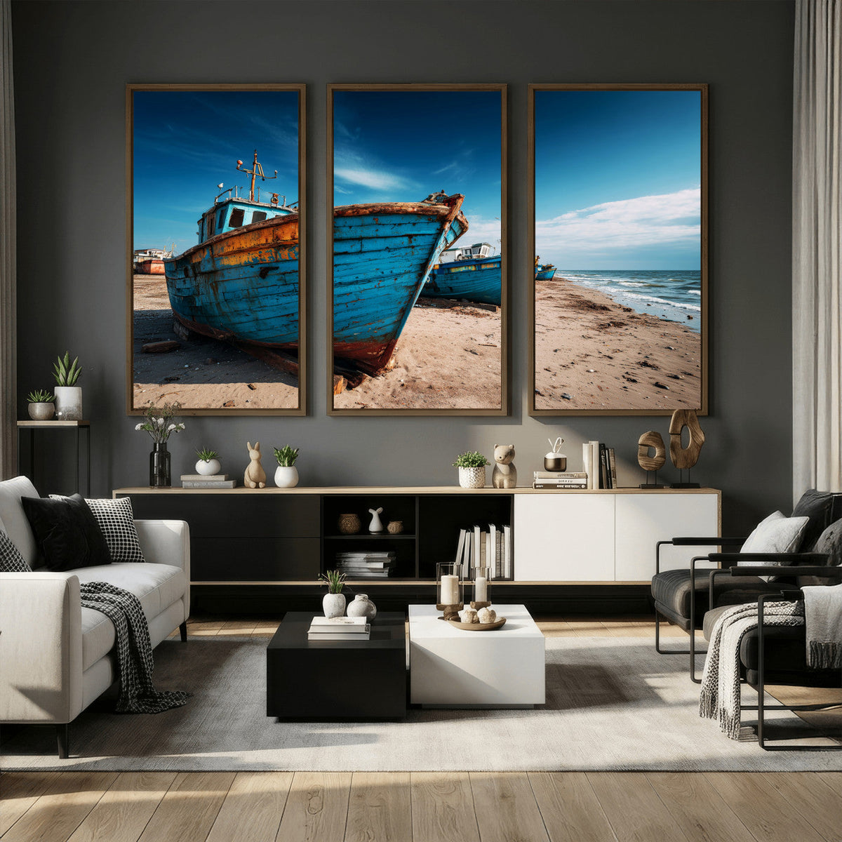 Coastal Fishing Boats Wall Art Canvas Print, Sunset Beach