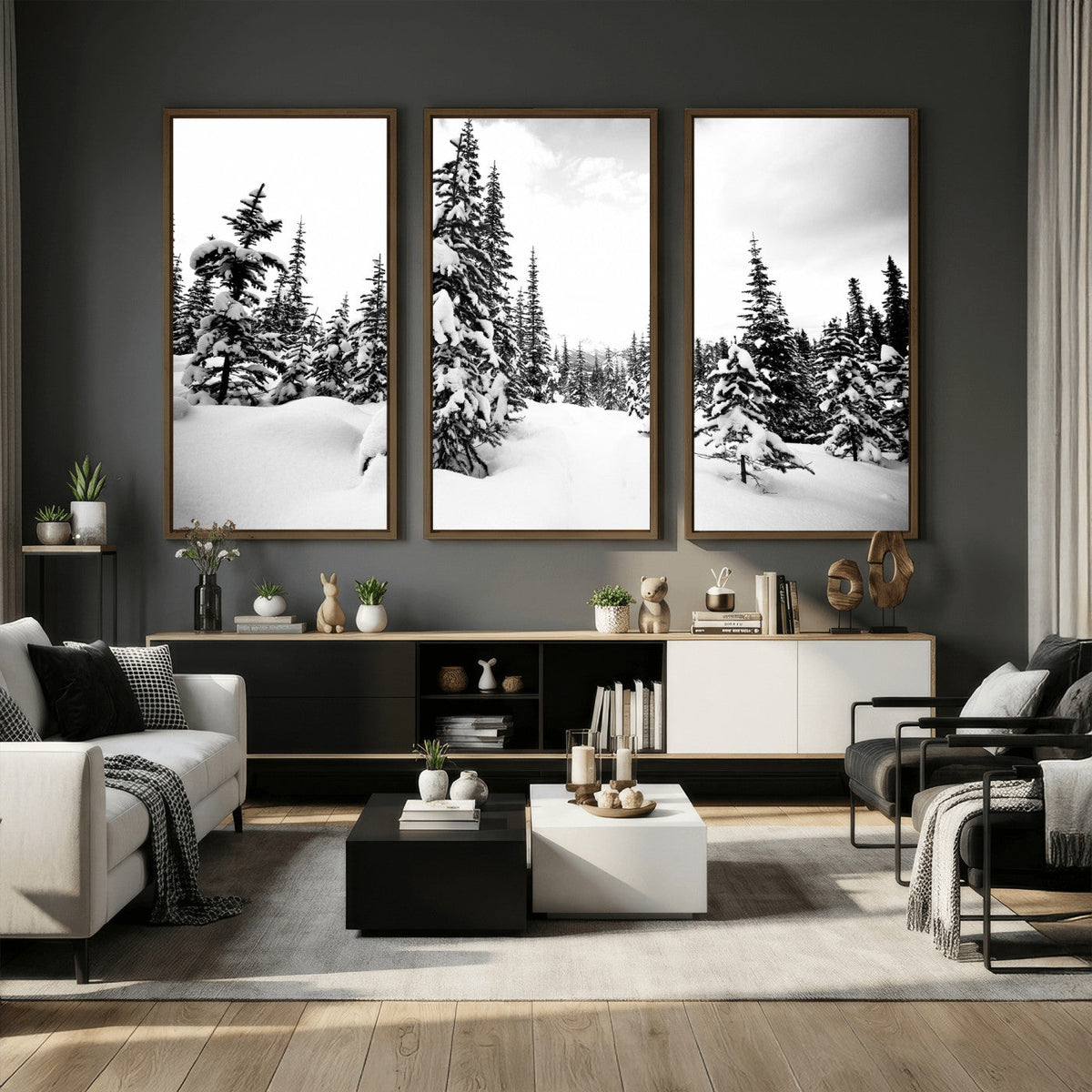 Black and White Snowy Pine Forest Wall Art Canvas Print,