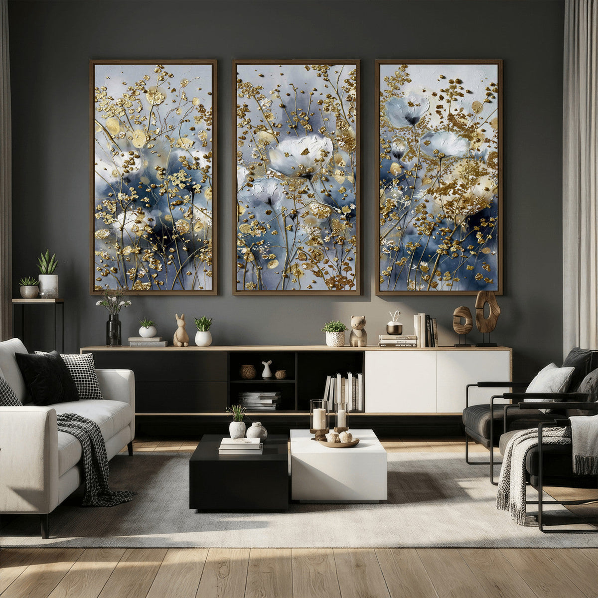 Abstract Floral Wall Art Canvas Print – Gold and Blue