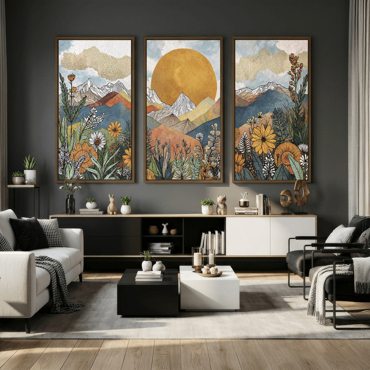 Boho Mountain Landscape Large Wall Art, Horizontal Gold