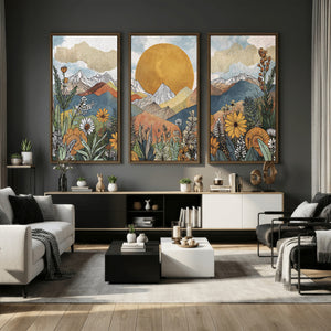 Boho Mountain Landscape Large Wall Art, Horizontal Gold