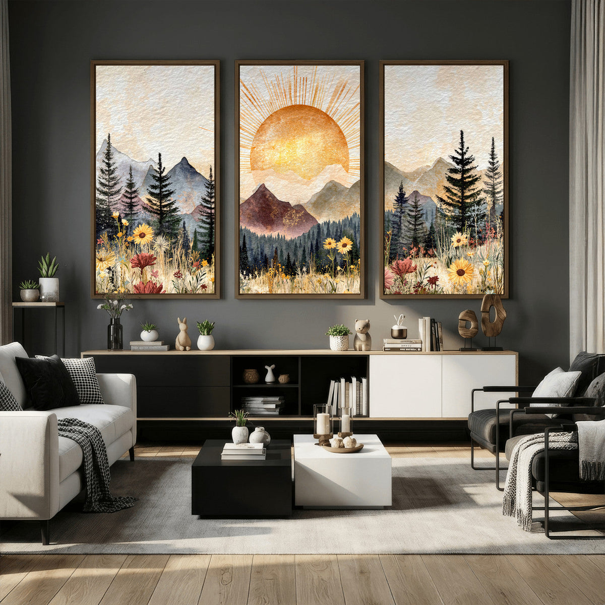 Boho Mountain Landscape Large Wall Art, Horizontal Gold
