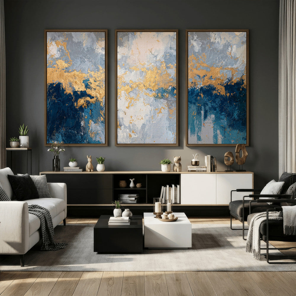 Blue Gold Abstract Large Framed Canvas Wall Art, Modern