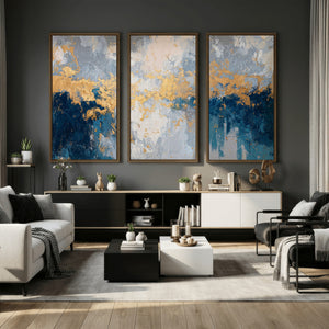 Blue Gold Abstract Large Framed Canvas Wall Art, Modern