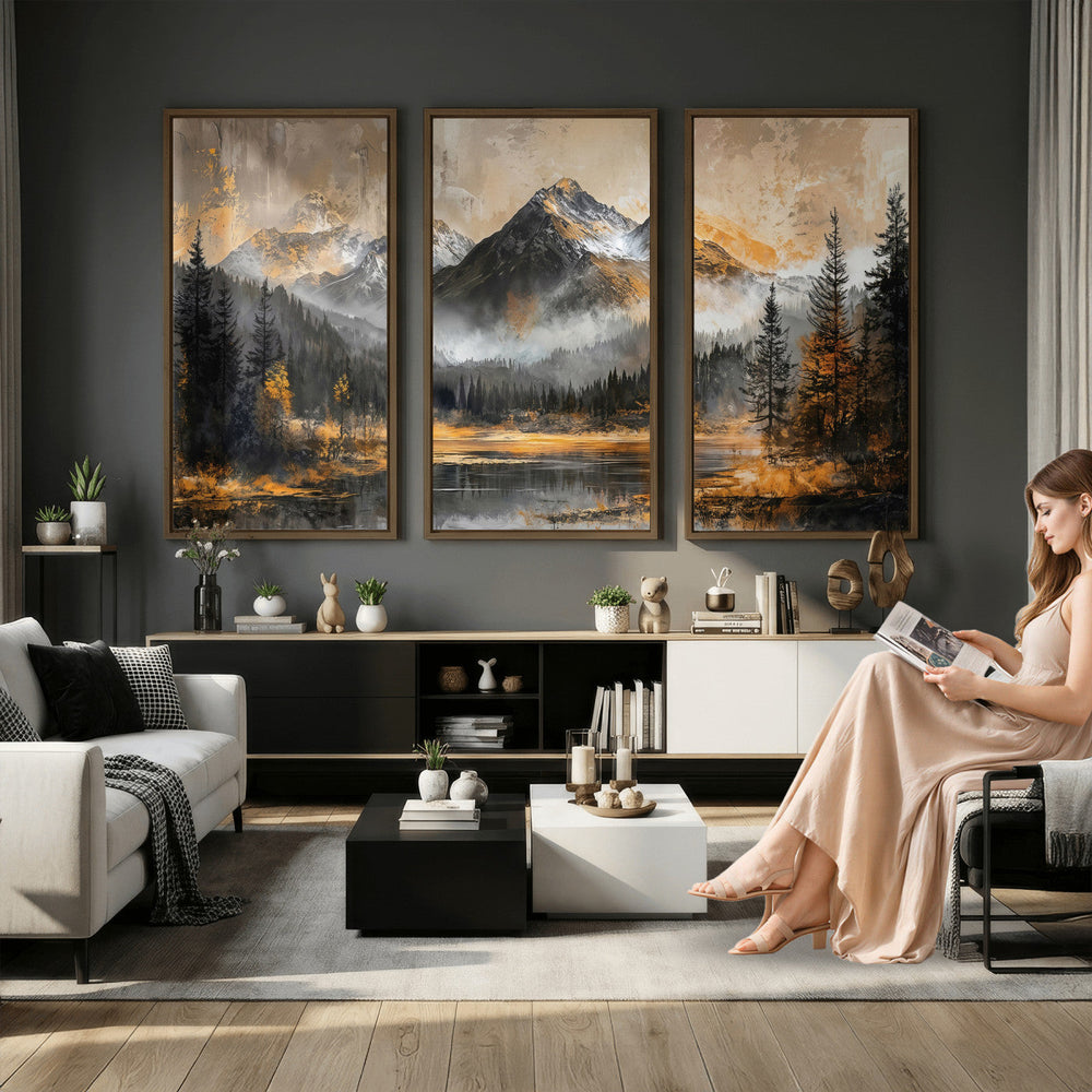 Mountain Lake Canvas Wall Art — Rustic Forest Landscape