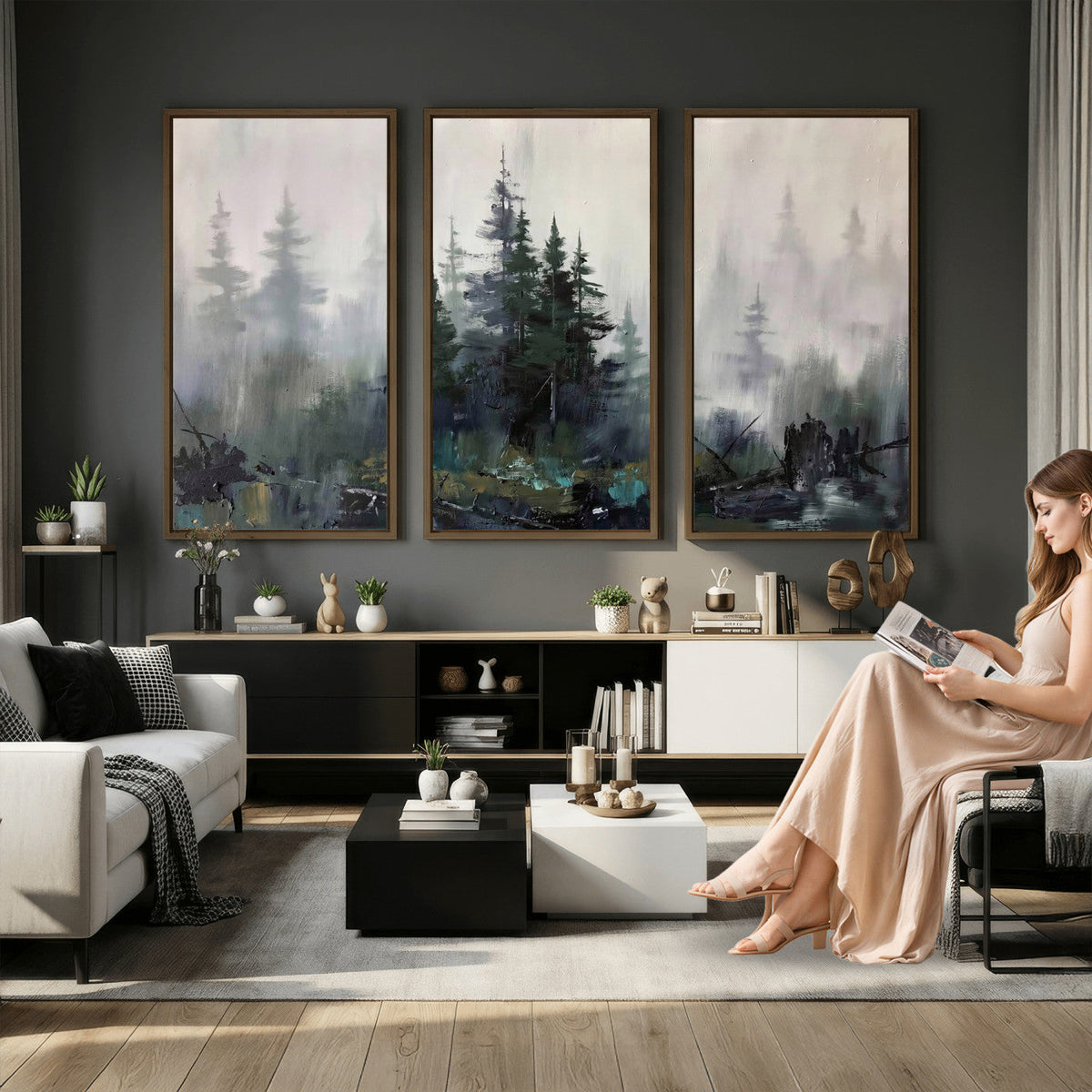 Misty Pine Forest Oil Painting Canvas — Dark Moody Teal Grey