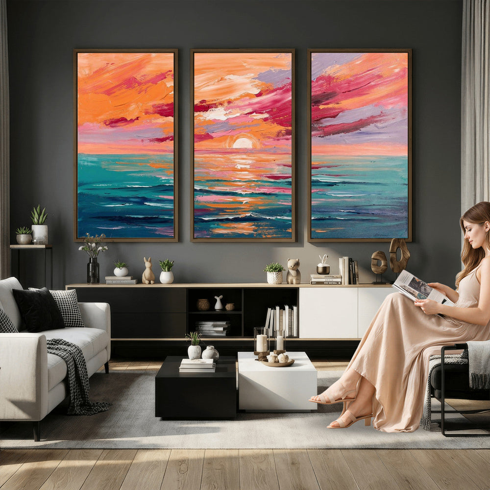 Bold Palette Knife Ocean Sunset Canvas — Orange Pink Teal
