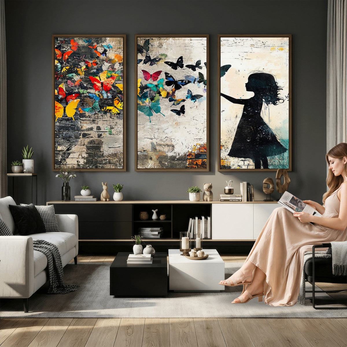 Banksy Butterfly Girl Wall Art Canvas Print, Framed Street