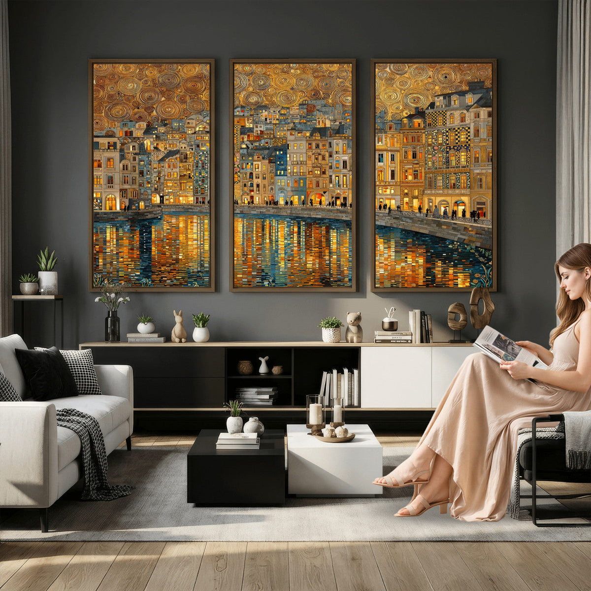 Gustav Klimt Golden Cityscape Wall Art Canvas Print, Framed