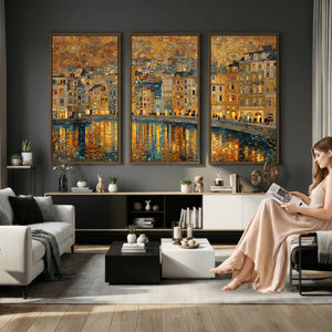 Gustav Klimt Golden Cityscape Wall Art Canvas Print, Framed