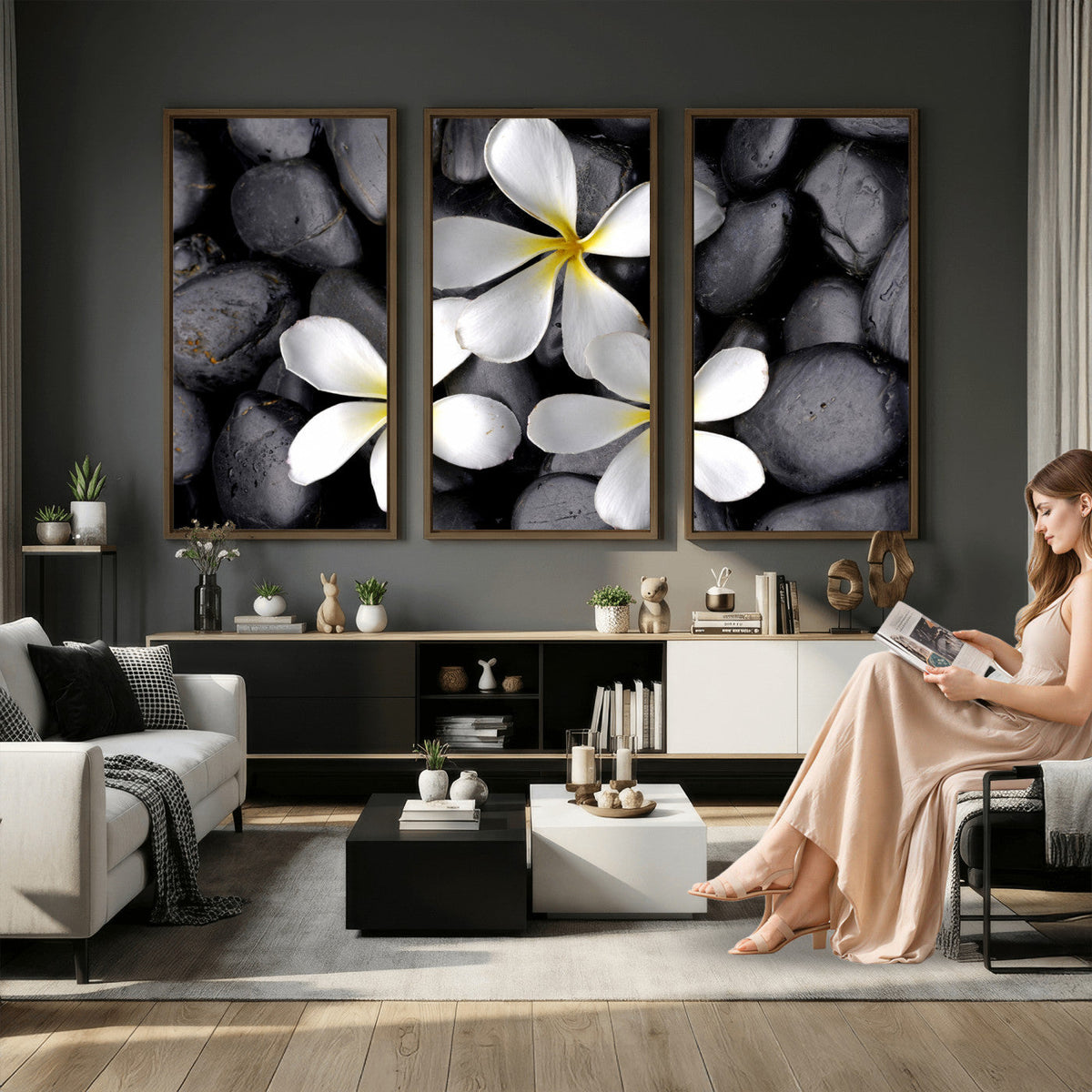 Plumeria Frangipani Black Stone Canvas | White Flower Spa