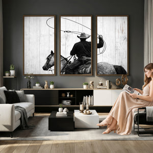 Cowboy Lasso Canvas Wall Art, Black White Western Horse