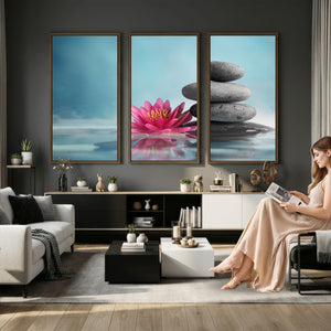 Zen Canvas Wall Art Lotus Flower Stacked Stones Teal Spa