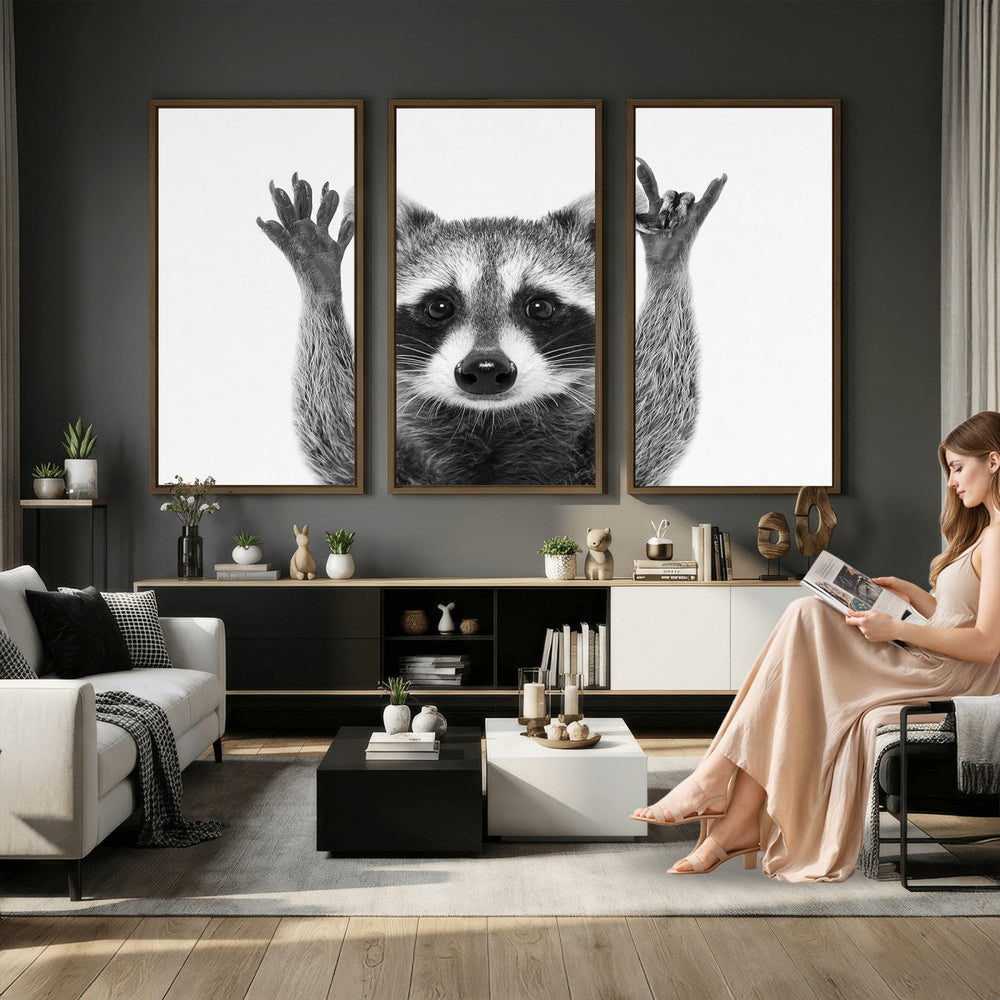 Funny Raccoon Canvas Wall Art, Black White Hands Up Animal Photo Print, Humorous Wildlife Decor, Kids Room Nursery Art, Quirky Animal Gift
