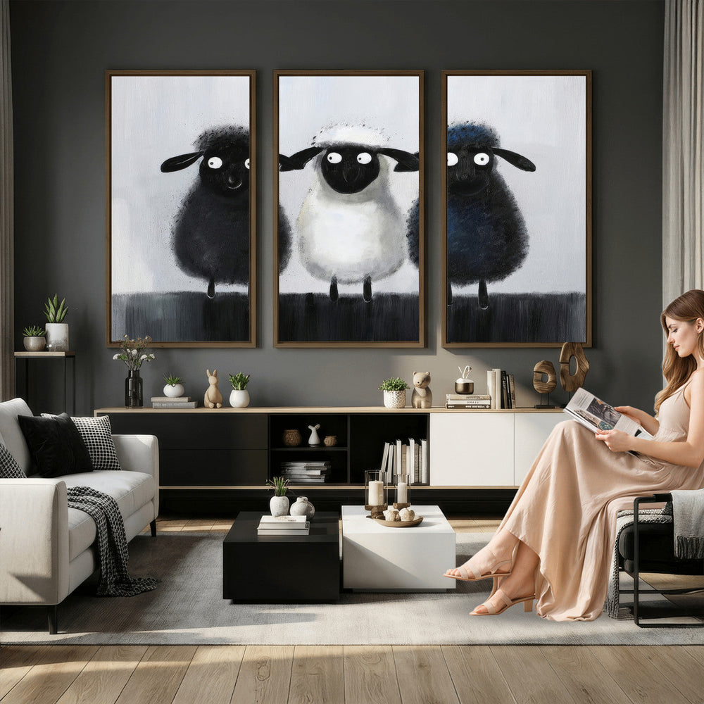 Funny Sheep Canvas Wall Art, Three Quirky Sheep Painting Print, Cute Animal Nursery Decor, Black White Navy Farmhouse Art, Kids Room Gift