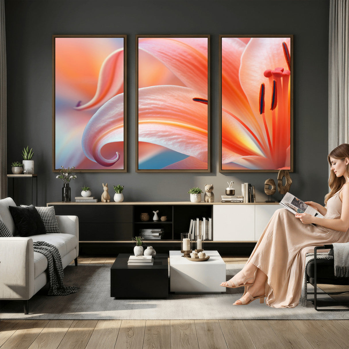Peach Lily Canvas Wall Art, Coral Pink Flower Macro Photo Print, Botanical Bedroom Decor, Soft Floral Photography, Living Room Wall Art