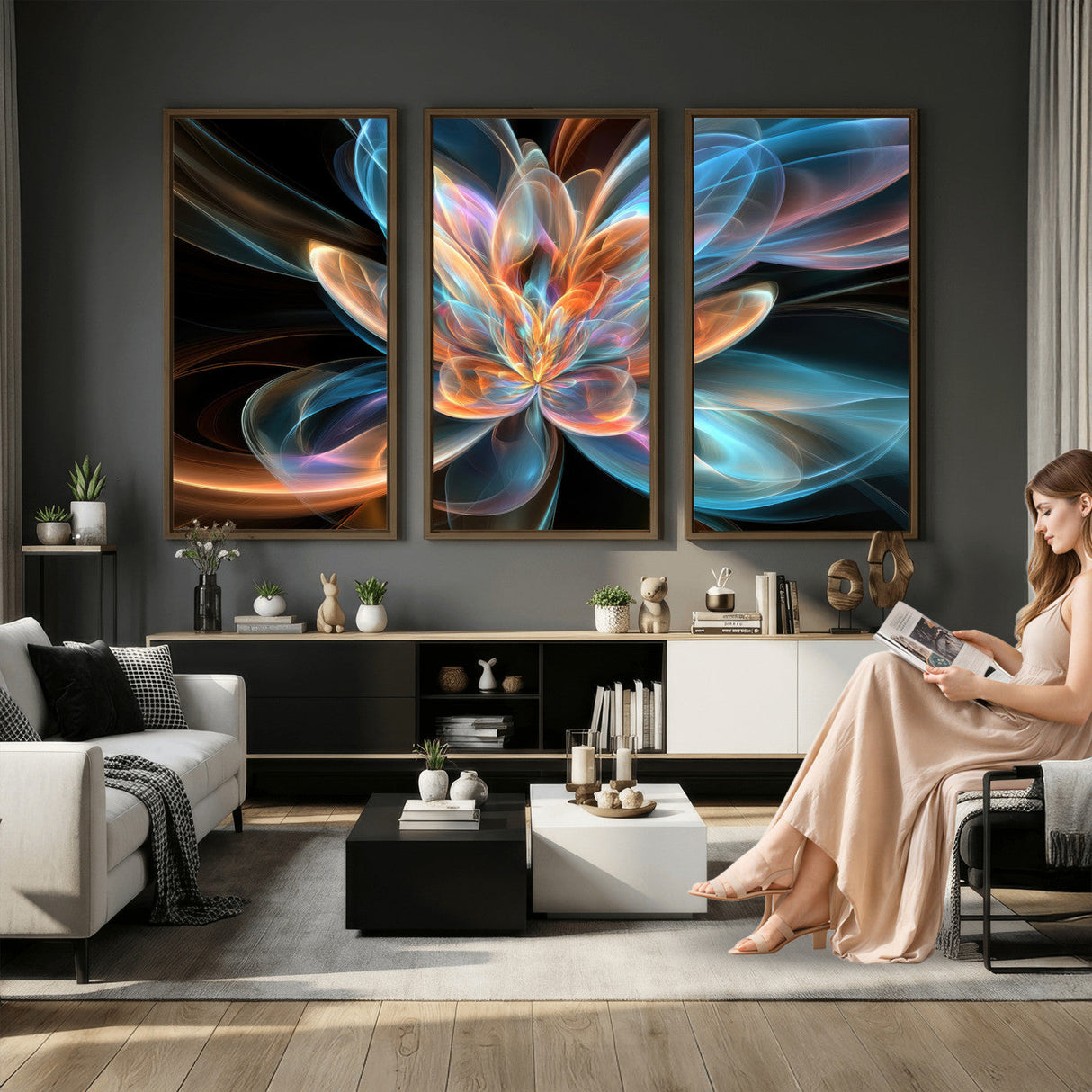 Fractal Lotus Canvas Wall Art, Blue Orange Glowing Flower Abstract Print, Modern Zen Meditation Room Decor, Ethereal Digital Art, Living Room
