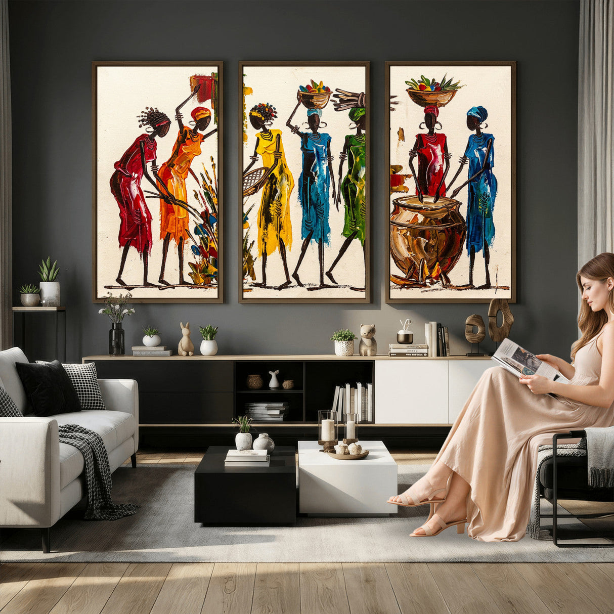 African Folk Art Canvas Wall Art, Colorful African Women Village Painting Print, Tribal Ethnic Home Decor, Vibrant African Art, Living Room