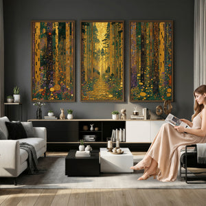 Gustav Klimt Style Forest Canvas Wall Art, Golden Forest Path Floral Art Nouveau Print, Enchanted Woodland Decor