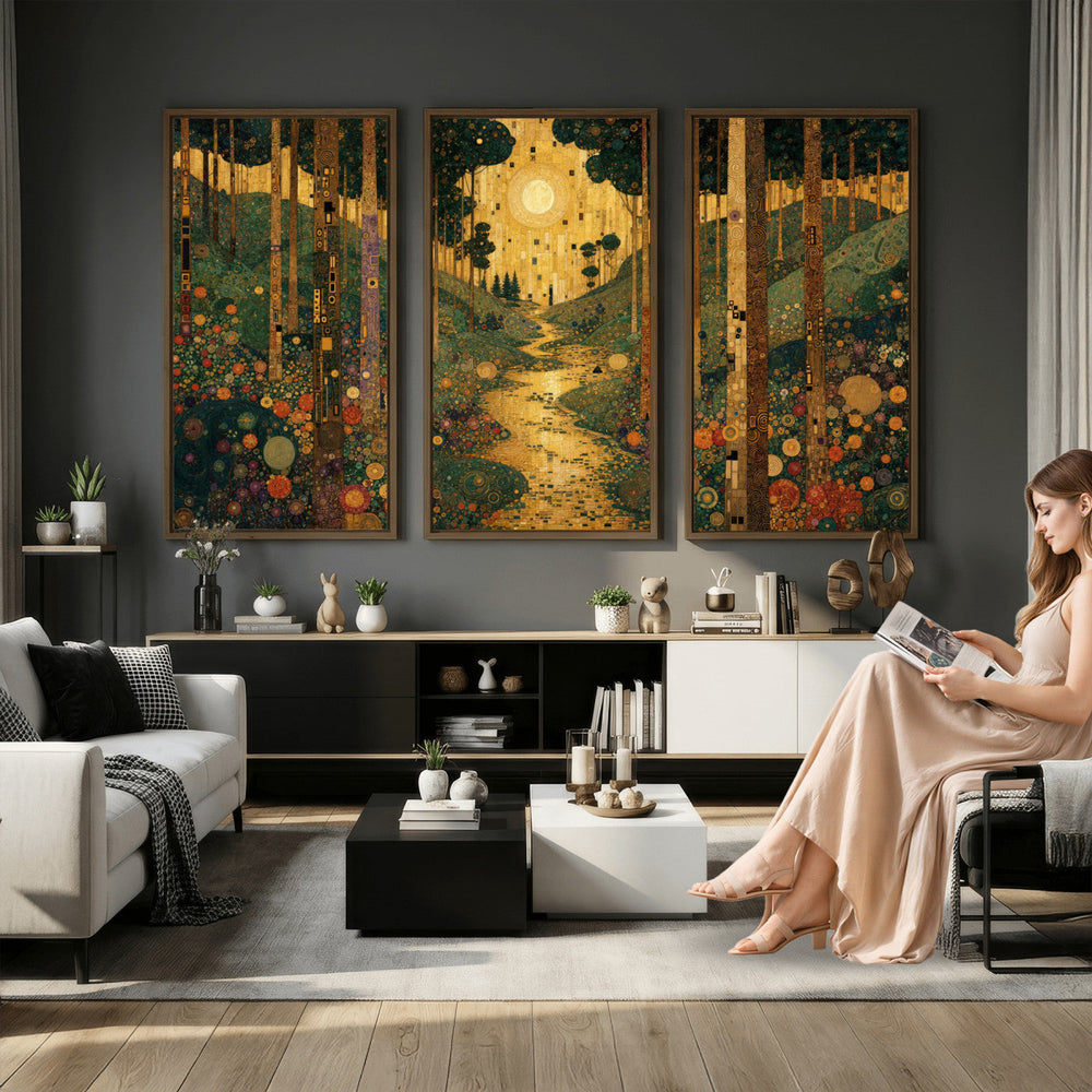 Gustav Klimt Style Forest Canvas Wall Art, Golden Forest Path Floral Art Nouveau Print, Enchanted Woodland Decor