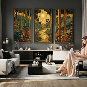 Gustav Klimt Style Forest Canvas Wall Art, Golden Forest Path Floral Art Nouveau Print, Enchanted Woodland Decor