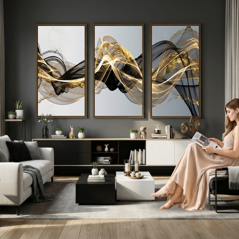 Black and Gold Abstract Wall Art, Modern Wave Canvas Print, Elegant Flowing Smoke Art, Luxury Living Room Decor