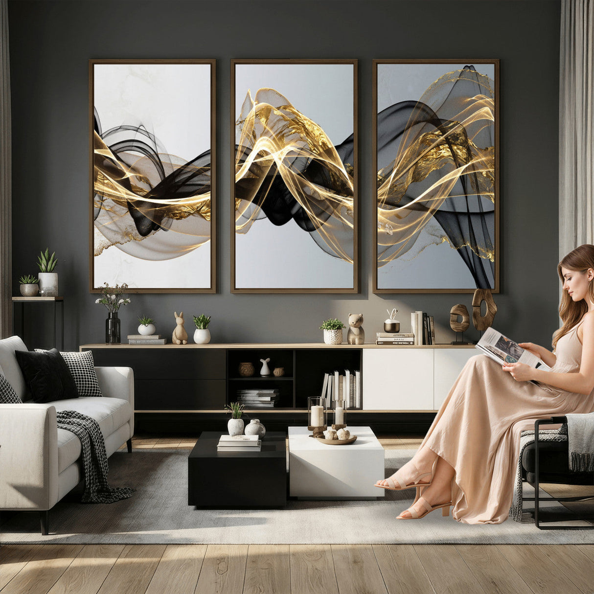 Black and Gold Abstract Wall Art, Modern Wave Canvas Print, Elegant Flowing Smoke Art, Luxury Living Room Decor