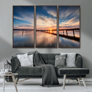 Wooden Pier on Seascape and Sunset Wall Art Canvas Print