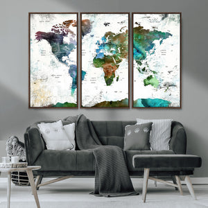 Modern Watercolor World Map Canvas Wall Art – Framed