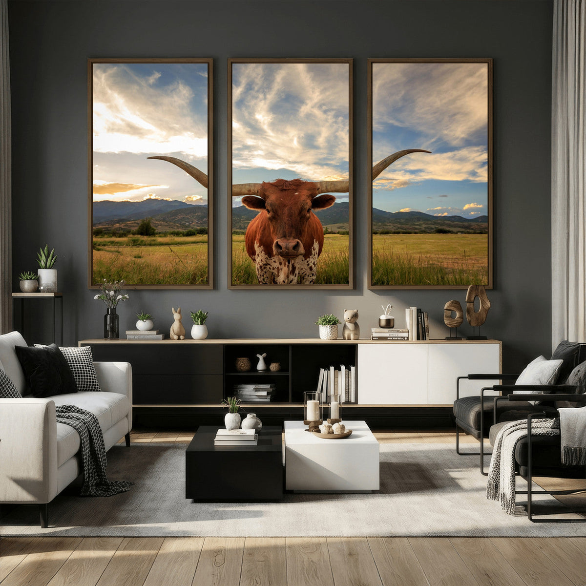 Texas Longhorn Canvas Wall Art – Majestic Triptych Animal