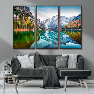 Spectacular autumn view of Braies Lake Wall Art Canvas Print