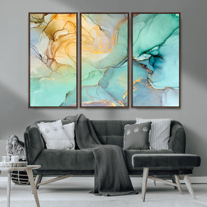 Abstract Aqua and Gold Fluid Wall Art Canvas | 3 Panel Large