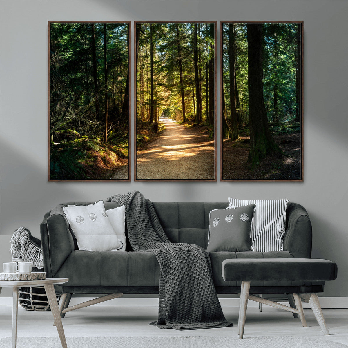 Sunlit Forest Pathway Canvas Print | 3 Panel Large Nature