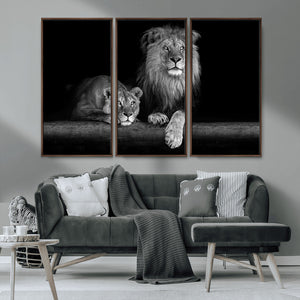 Large Black and White Lion Couple Wall Art Canvas Print –