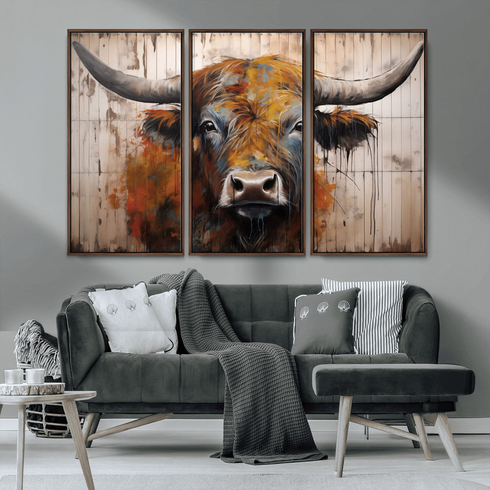 Scottish Highland Cow Cattle Art Print on Wood Style