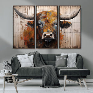 Scottish Highland Cow Cattle Art Print on Wood Style