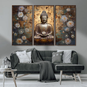 Golden Buddha Wall Art Canvas Print | Zen Meditation Floral