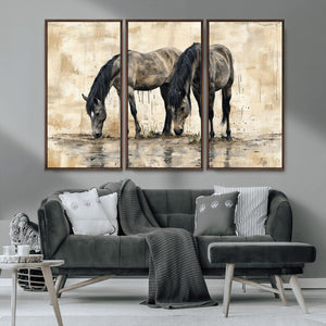 Chinese Style Abstract Black Horses Wall Art Canvas Print -